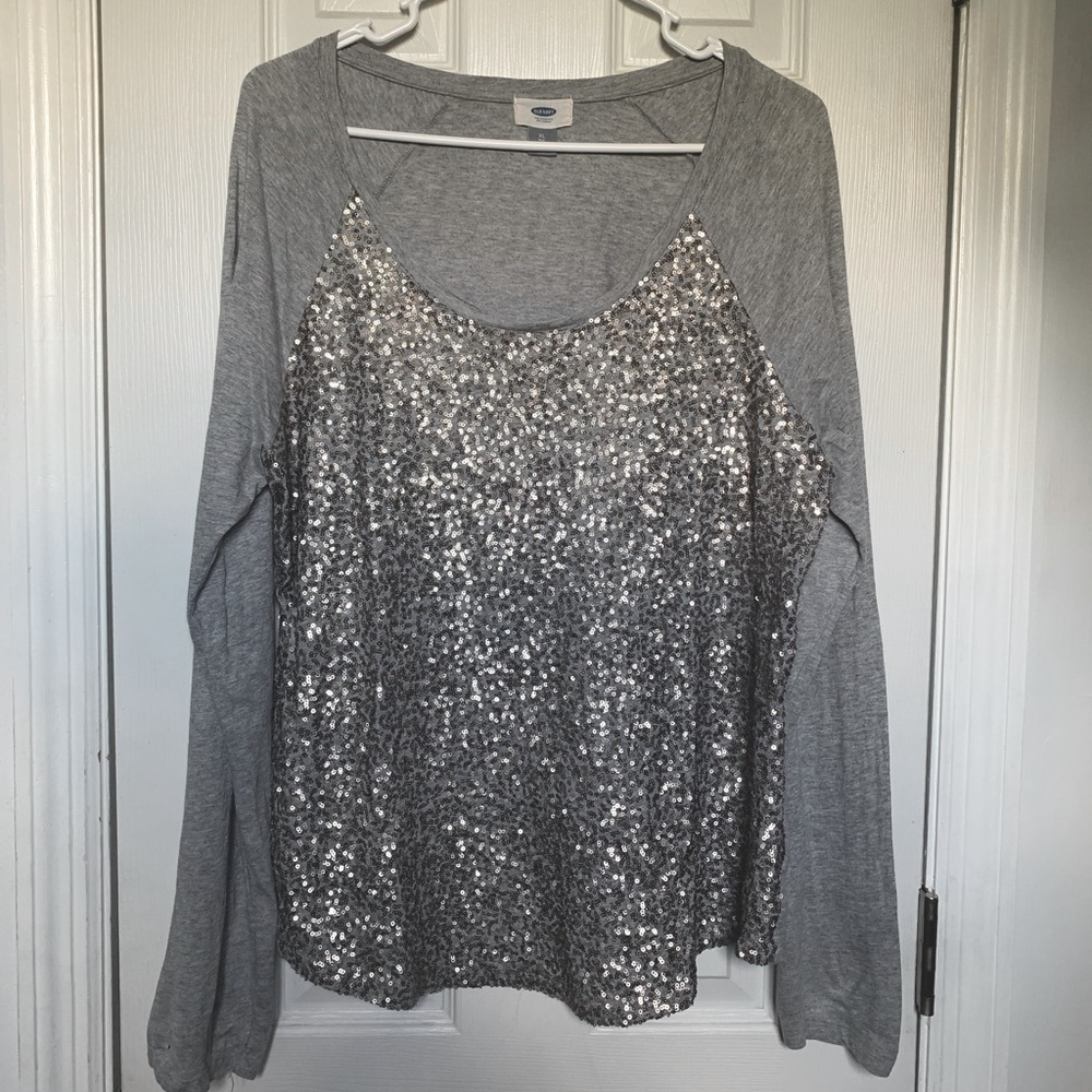 old navy silver sequin long sleeve t-shirt size XL